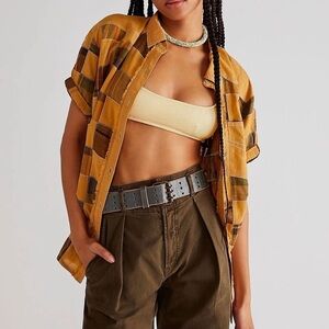 Free People Charleston Madras Check Button Up Shirt Sepia Combo